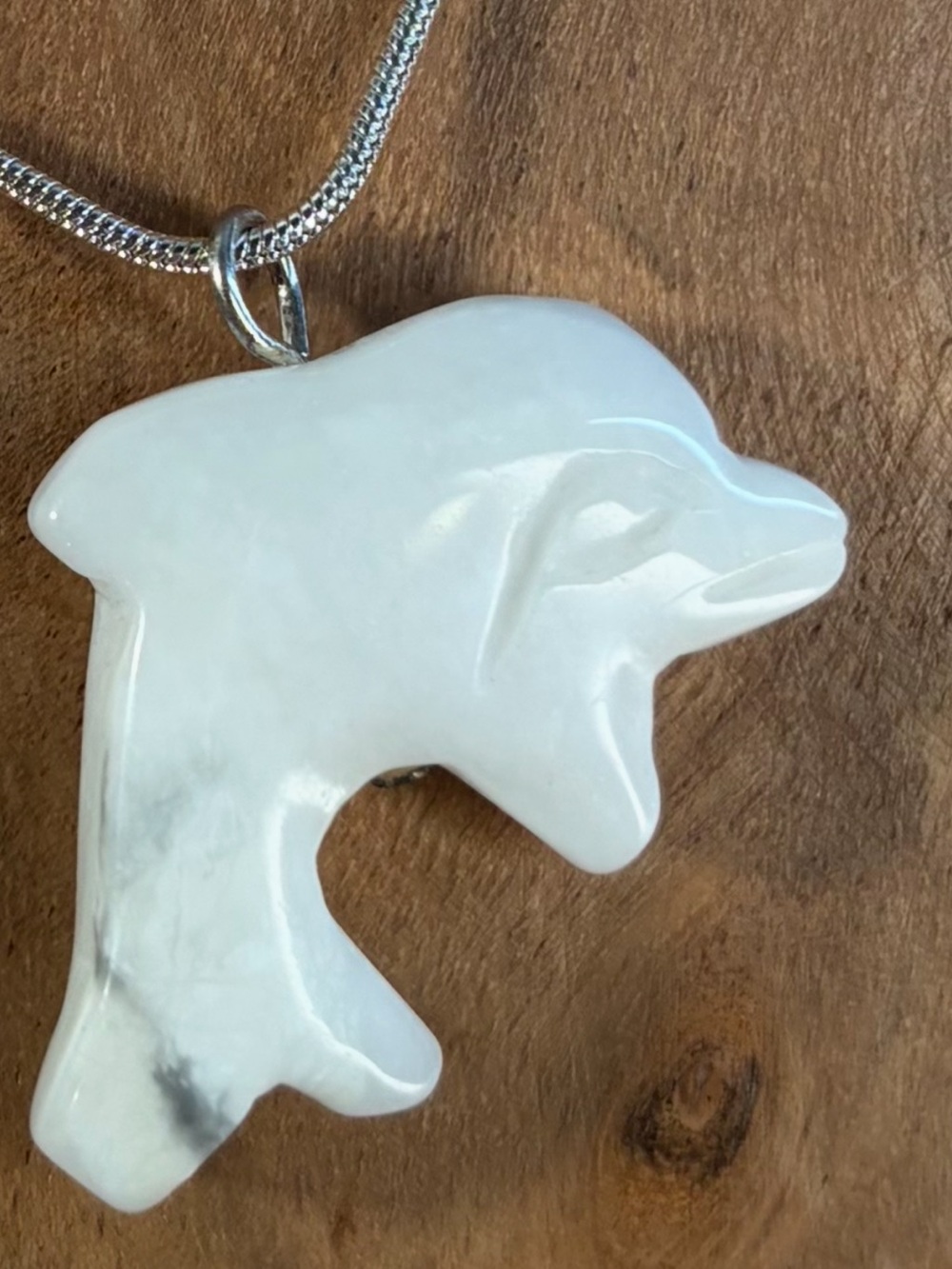 Howlite Dolphin Han-Carved Pendant Necklace Long